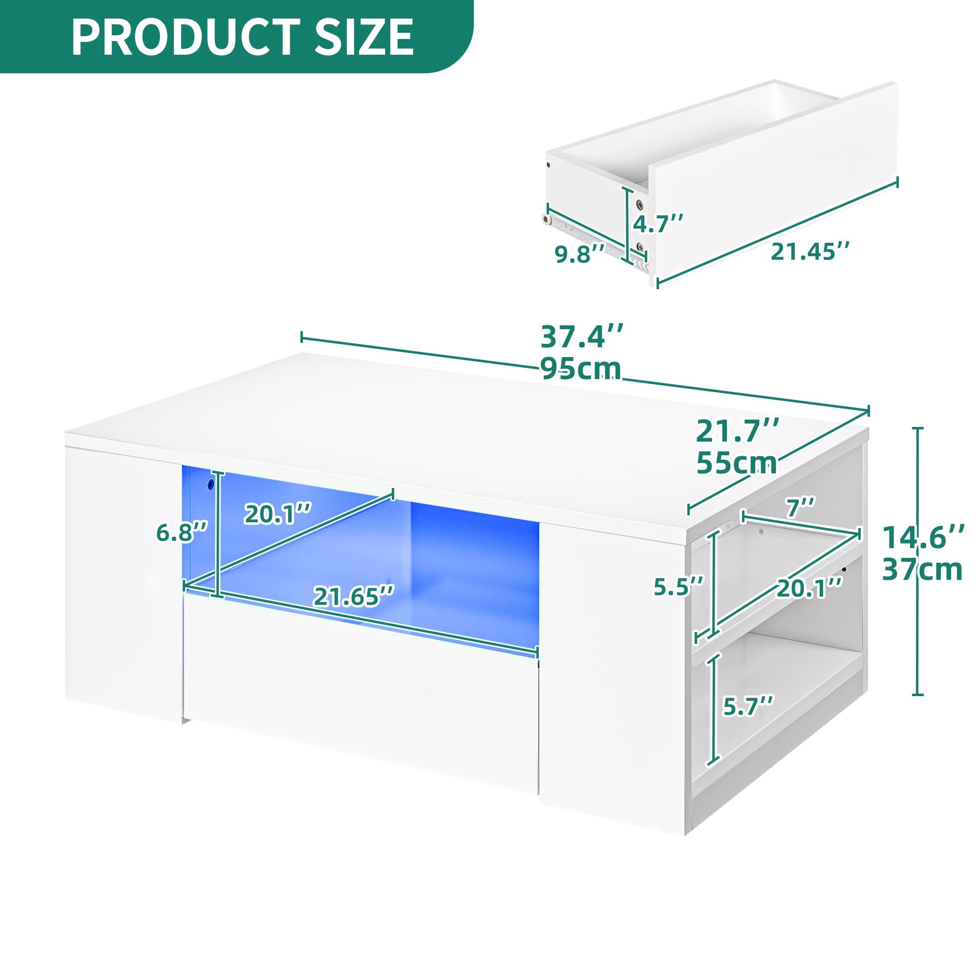 YITAHOME Couchtisch Weiß, Wohnzimmertisch Hochglanz mit 16-Farbiger LED Beleuchtung Modern, Beistelltisch Weiss mit Offenem Ausstellungsregal und 2 Ausziehbaren Schubladen, 95x 55x37cm