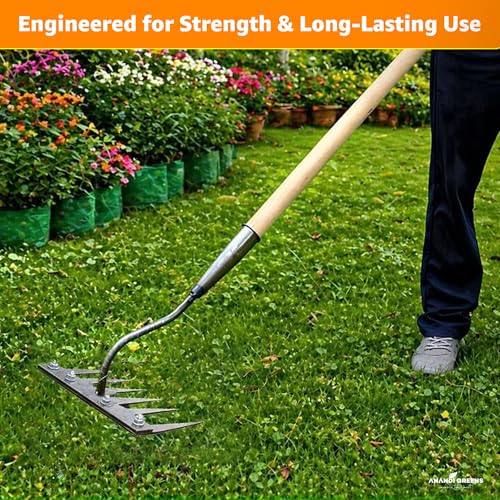 Image of Anandi Green's 6 Teeth Garden Rake Heavy Duty Carbon Steel Rake Handle for Soil Loosening, Weeding, Lawn & Yard Cleaning Multipurpose Outdoor Gardening Tool for Home Farm & Agricultural Use