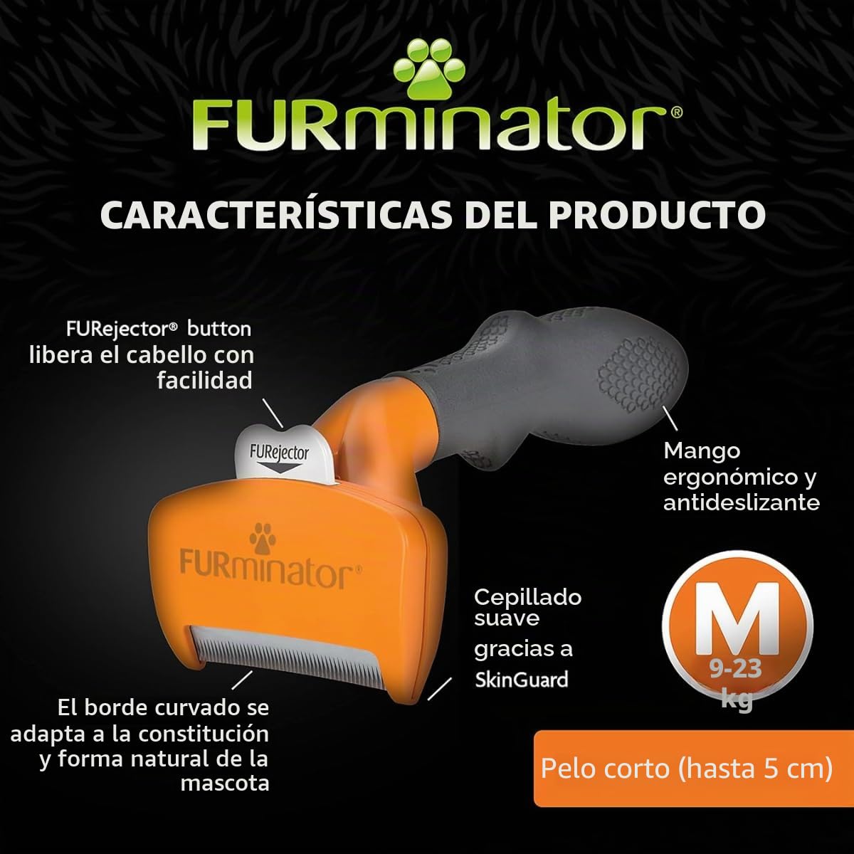 FURminator deShedding, Tool para perros medianos de pelo corto, Cepillo talla M para perros medianos para eliminar el pelo suelto, Diseño mejorado