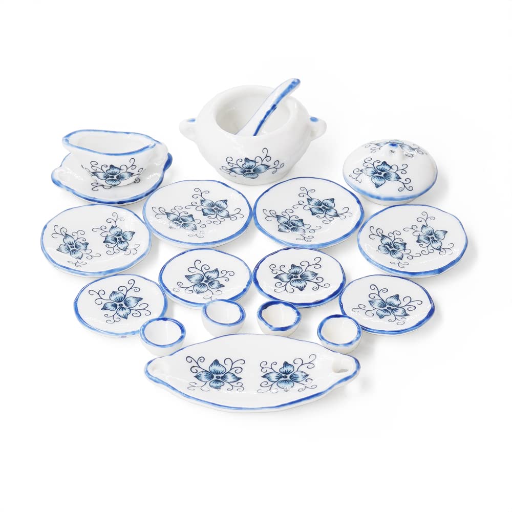 Odoria 1/12 Scale Dolls House Miniature China Dinner Set 17Pcs Dollhouse Accessories, Blue Petals