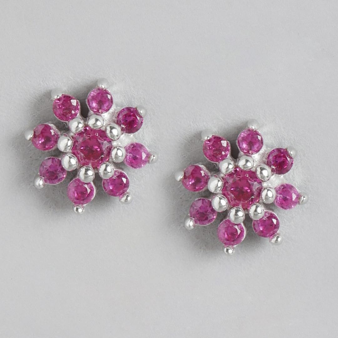 925 Silver Pink CZ Floral Stud Earrings with Hallmark