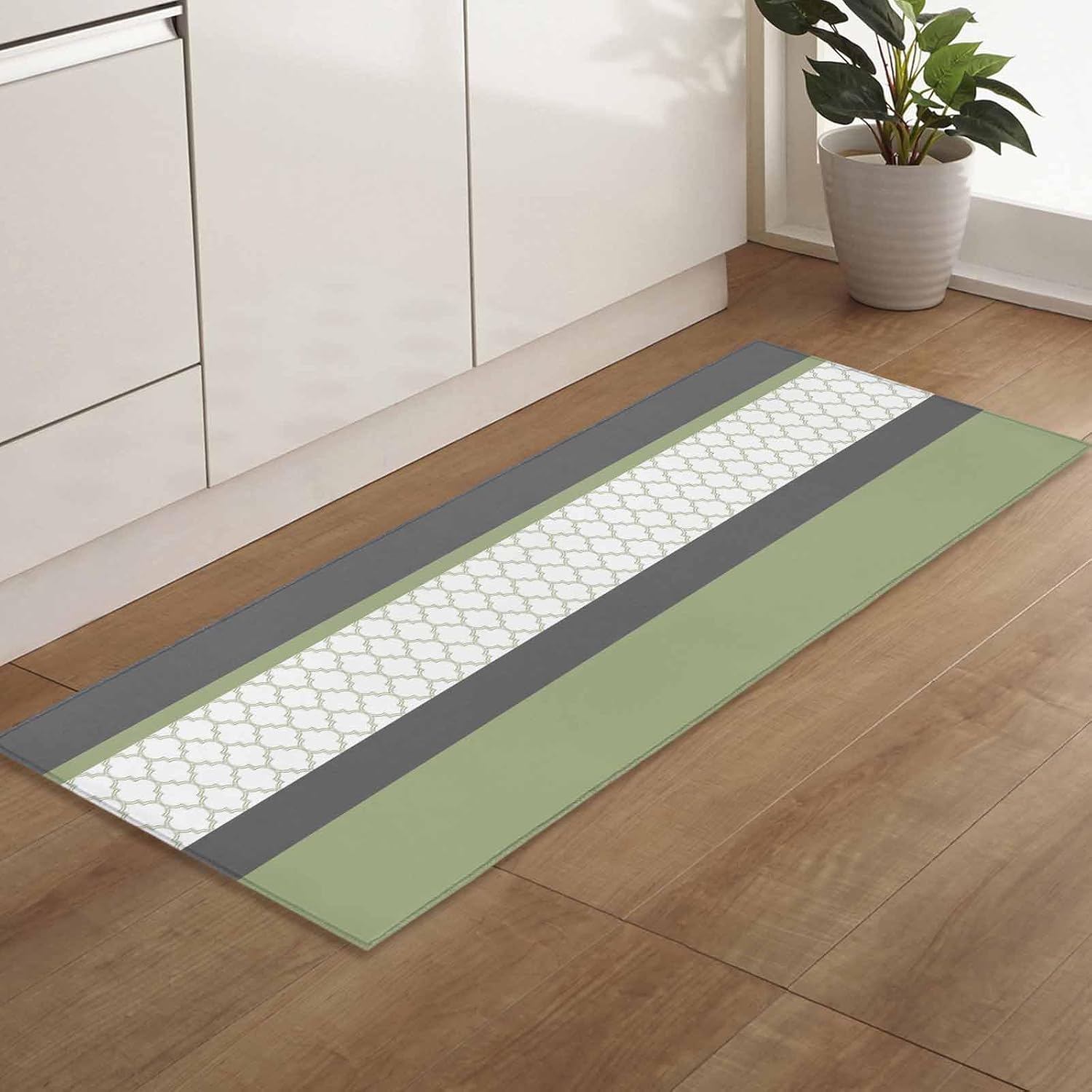 2 Pieces Kitchen Rugs and Mats,Watercolor Geometric Morocco Pattern Area Runner Rug Set Non Slip Floor Doormat Washable Carpet Standing Mat for Kitchen Sink Indoor Corridor,Green Grey Stitching Art