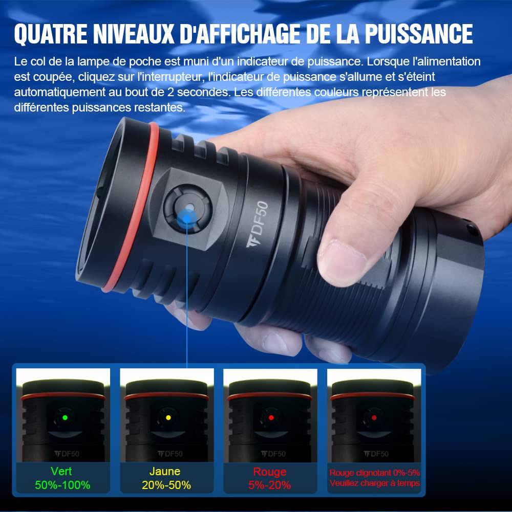 Lampe de plongée,TurstFire lampe de plongée LED, lampe de plongée LED, IPX8 étanche lampe de poche sous-marine avec batterie, lampe de plongée 4 modes d'éclairage