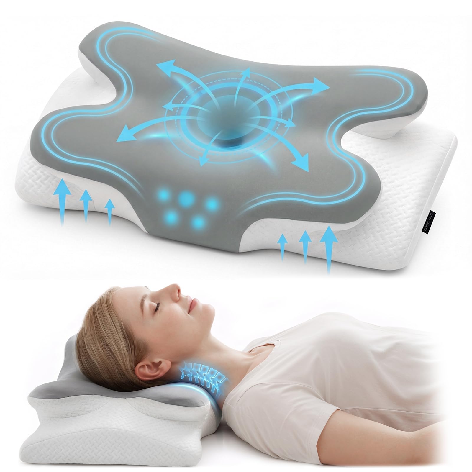 COSYLAND Almohada Cervicales y Cuello - Espuma Viscoelástica, Diseño Mariposa con Soporte Ergonómico y Transpirable, para Dormir de Lado, Boca Arriba y Boca Abajo, 63 x 34 x 11/13 cm, Gris