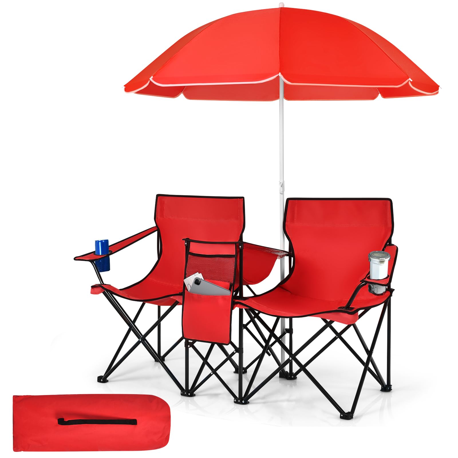 GIANTEX 2er Partner Campingstuhl mit Sonnenschirm, klappbarer Doppel Angelstuhl mit Getränkehalter & Kühltasche, Klappstuhl für 2 Personen, Anglerstuhl in Tasche, Faltstuhl Doppelsitzer
