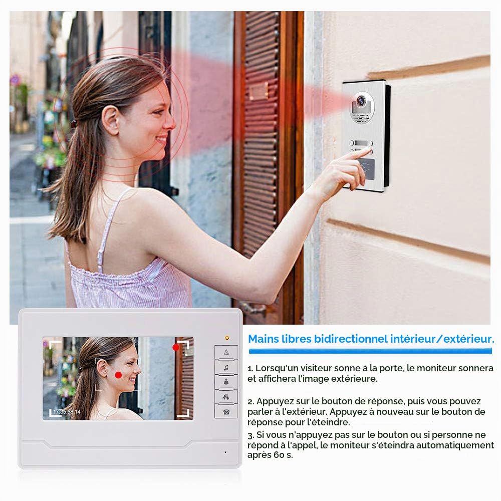 7 RFID avec Interphone Vidéo 4 Moniteurs + Caméra Extérieure IR 700TVL Vision Nocturne Haute Résolution Prise en Charge de 500 Utilisateurs pour Sppartements/Familles