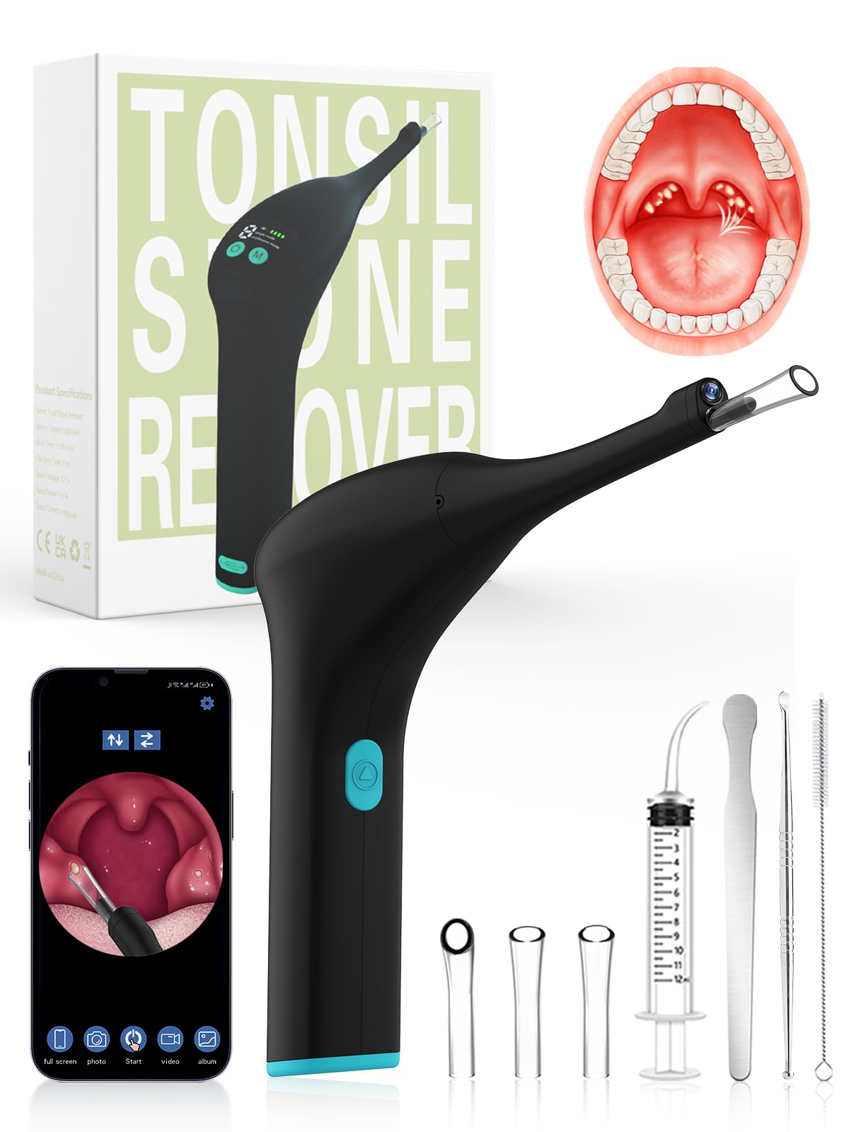 Voraiya Electronic Tonsil Stone Remover with Camera Light Visible Tonsil Stone Removal Kit APP Connection 5 Level Suction