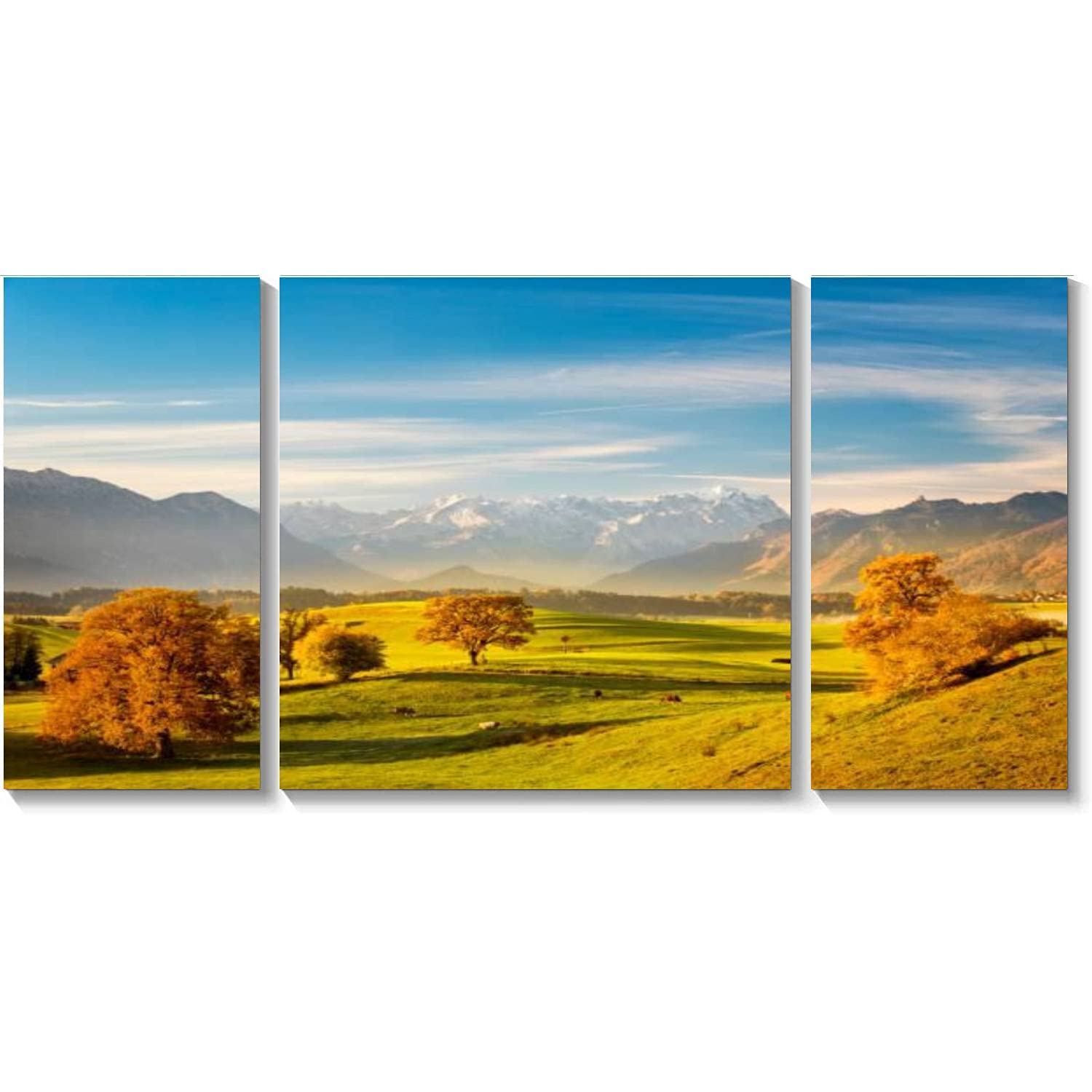 BDMPIZLNSF 3 Panel Canvas Wall Art Cow on Pasture Indian Summer at Murnauer Moos with Zugspitze in Framed Print Picture Painting and Posters Living Room Bedroom for Home Decor Artwork Ready to Hang