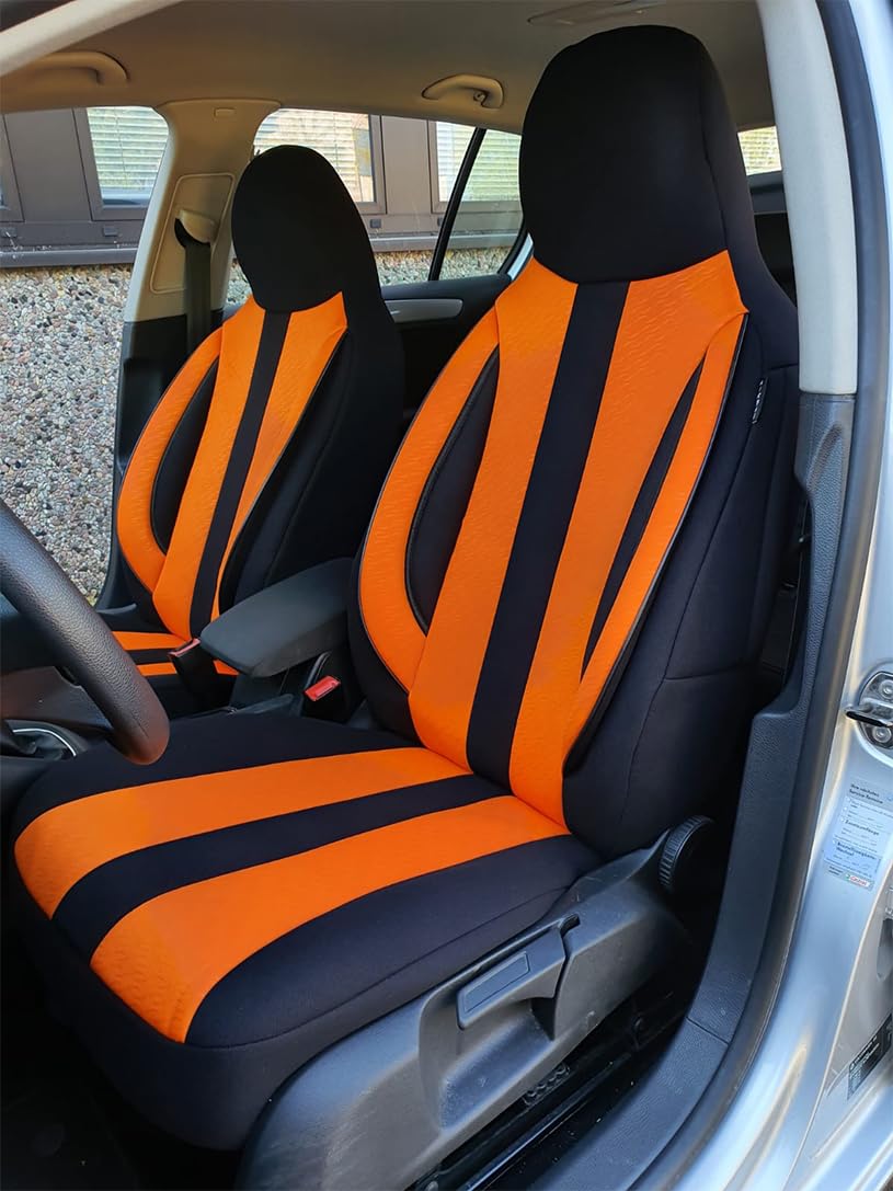 BREMER SITZBEZÜGE Coprisedili per auto compatibili con Iveco Iveco Daily 5 conducente e passeggero a partire dal 2011 al 2014, set di 2 coprisedili per auto, colore nero/arancione (MD503)