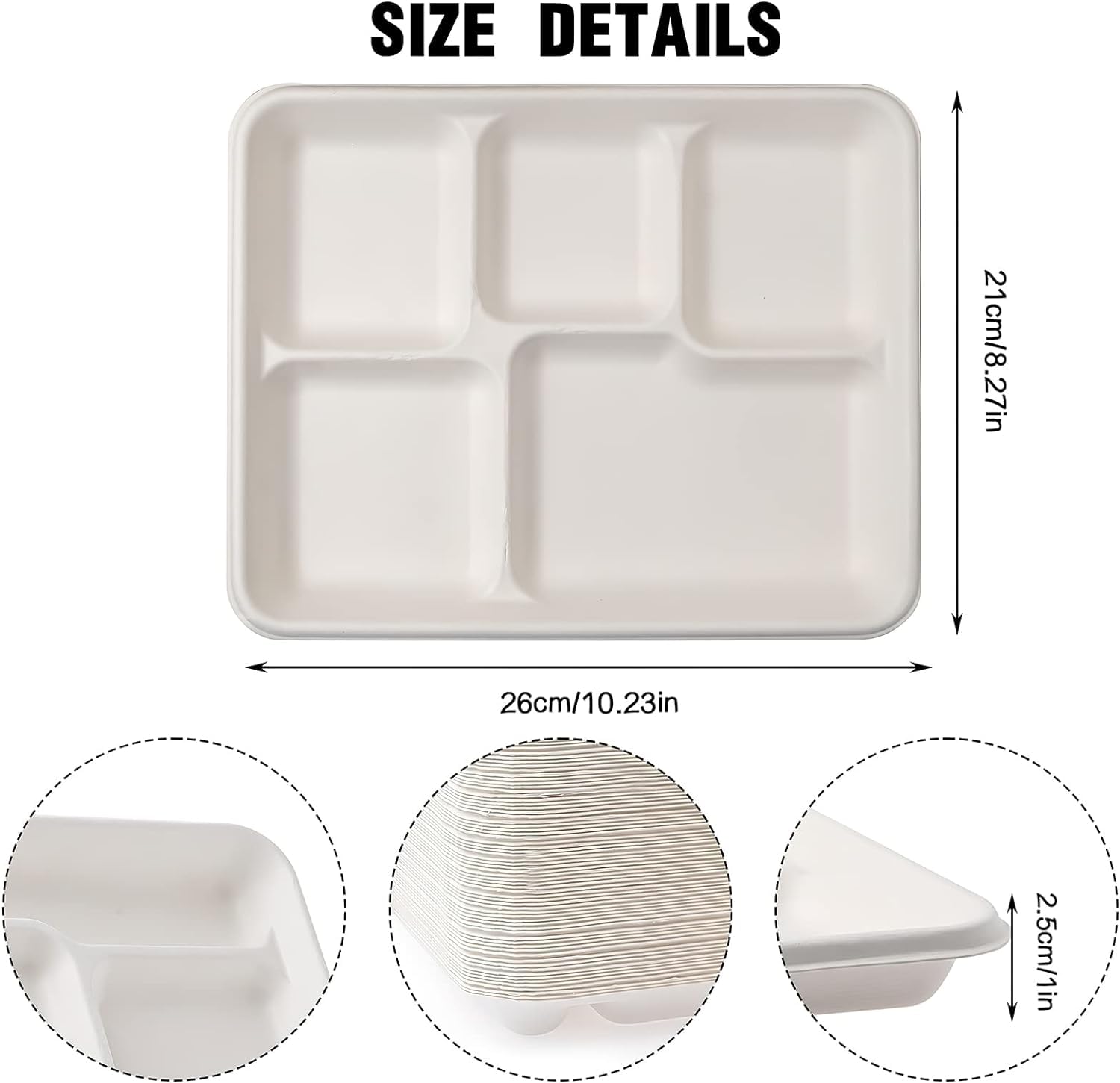MSYU 125 piatti in cartone compostabili al 100% a 5 scomparti, vassoio da pranzo usa e getta di alta qualità, ecologici, realizzati in fibre di canna da zucchero