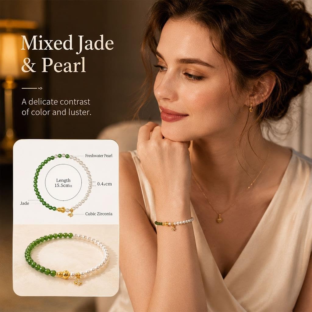 Bracciale Con Perline Di Giada E Perle, Design Bicolore Elegante