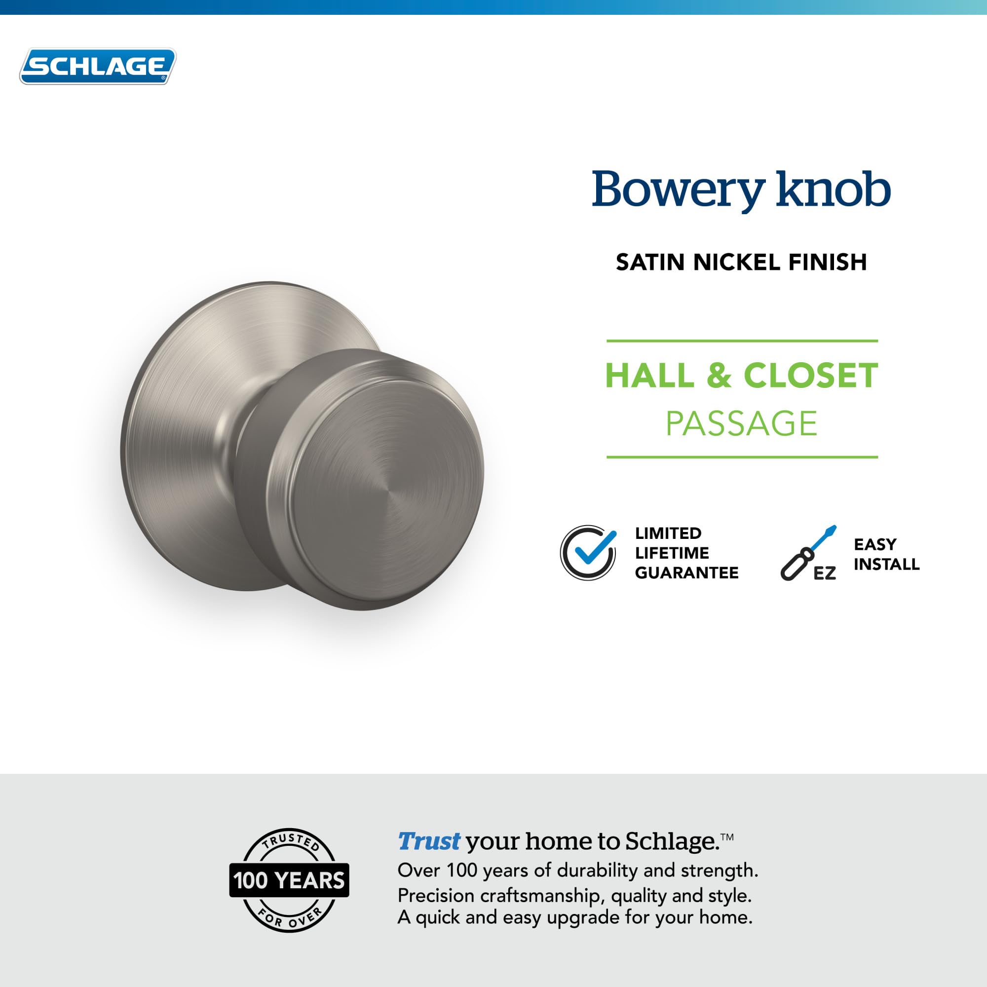 Schlage F10 BWE 619 Bowery Passage Lock Knob, Satin Nickel - Image 4