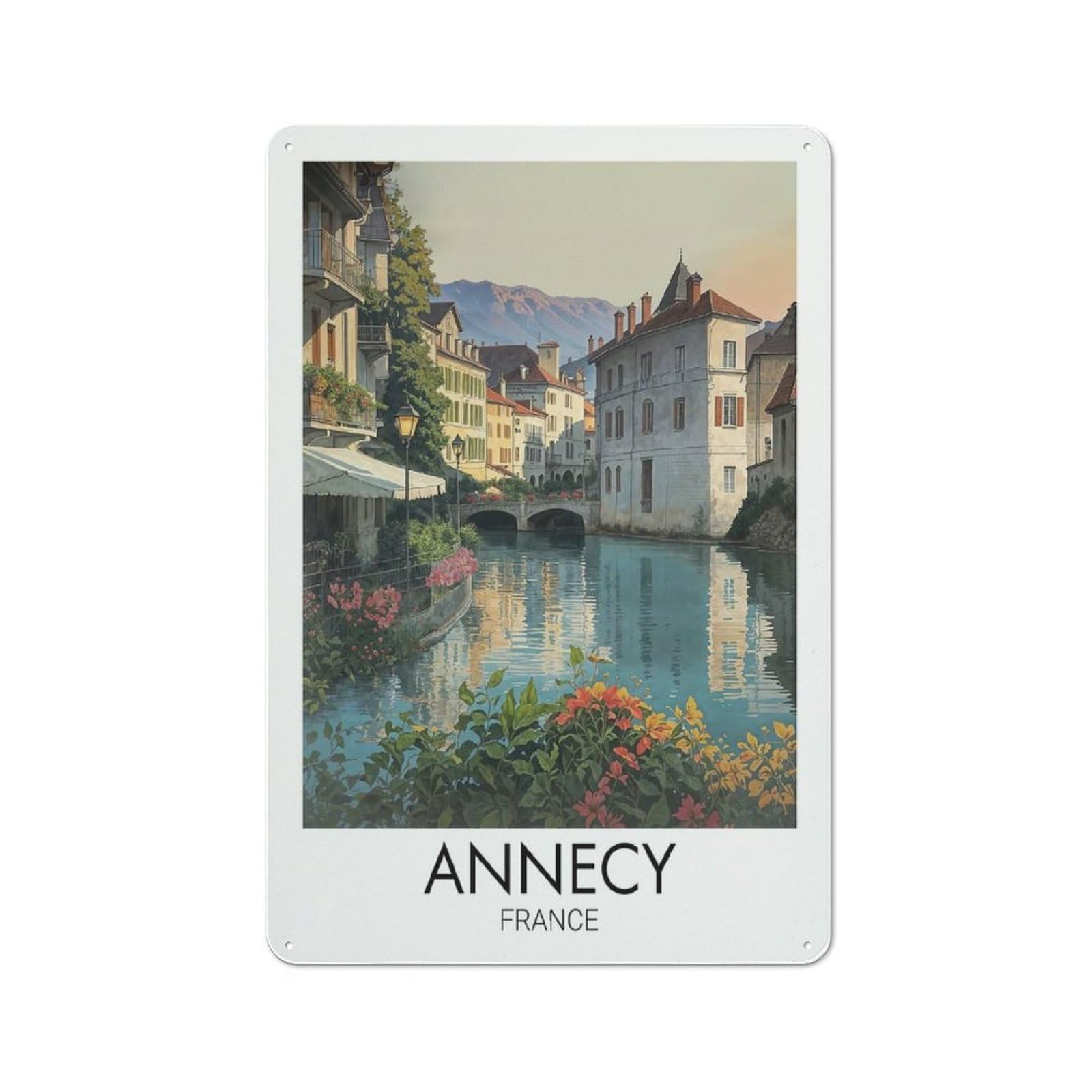 Junmoney Style-22 Rustic Tin Sign With Annecy France Travel Art Design 30X20cm, Casual Garden Room Wall Plaque For Shed, Garden Room, Porch Or Garage
