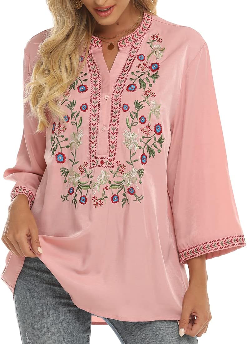 AK Embroidered Tops for Women 3/4 Sleeve Bohemian Mexican Floral Peasant Shirts Loose Tunic Blouses - Image 4