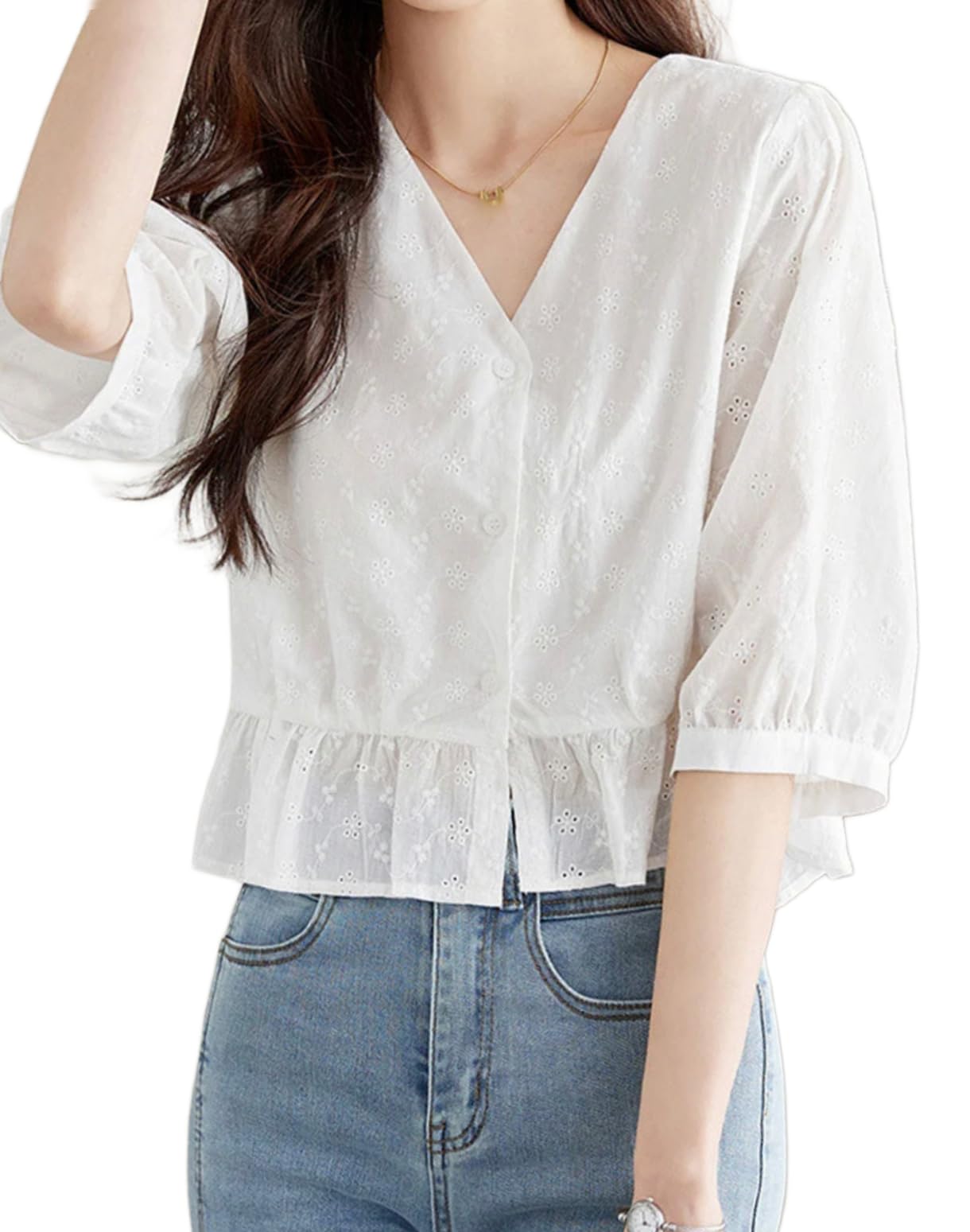 perfette wollo Best Women Summer Casual Puff Sleeves White Embroidered Cotton Top-picture-56