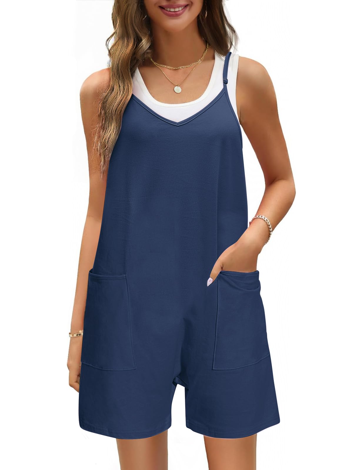 TOMEEK Mono Mujer Verano Casual Mono Corto Mujer sin Mangas Jumpsuit con bolsillo cuello V Playsuit Suelto Mono Peto Color Sólido Monos Pantalón
