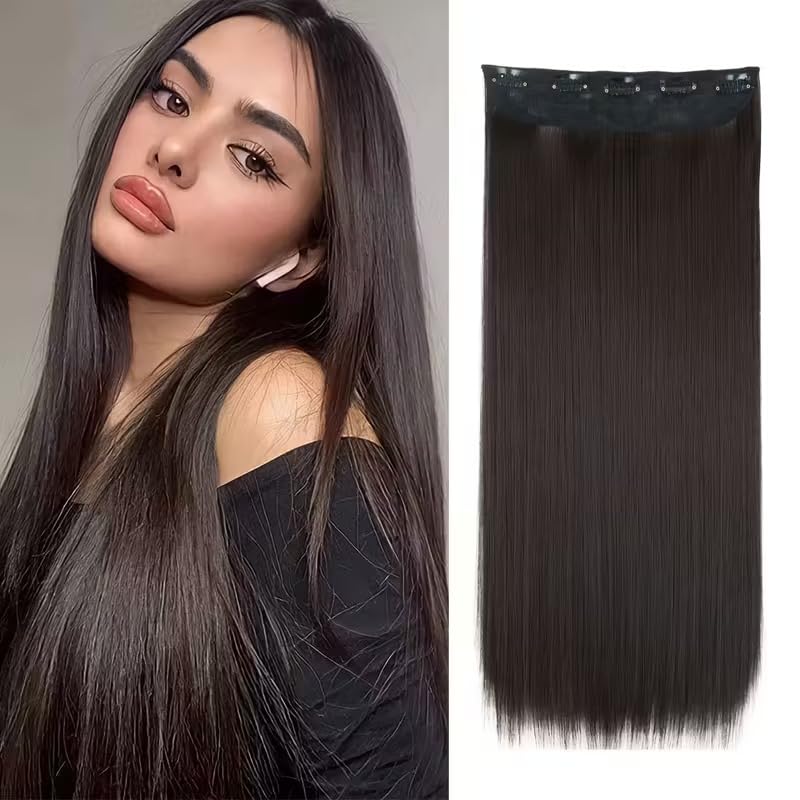 24 Inch Black Hair Extensions for Women – 5 Clip In Synthetic Hairpiece Heat Resistant Long Straight Fake Hair for Cosplay & Party – Natural Looking Artificial Hair Extension (Black, 24")-image-9