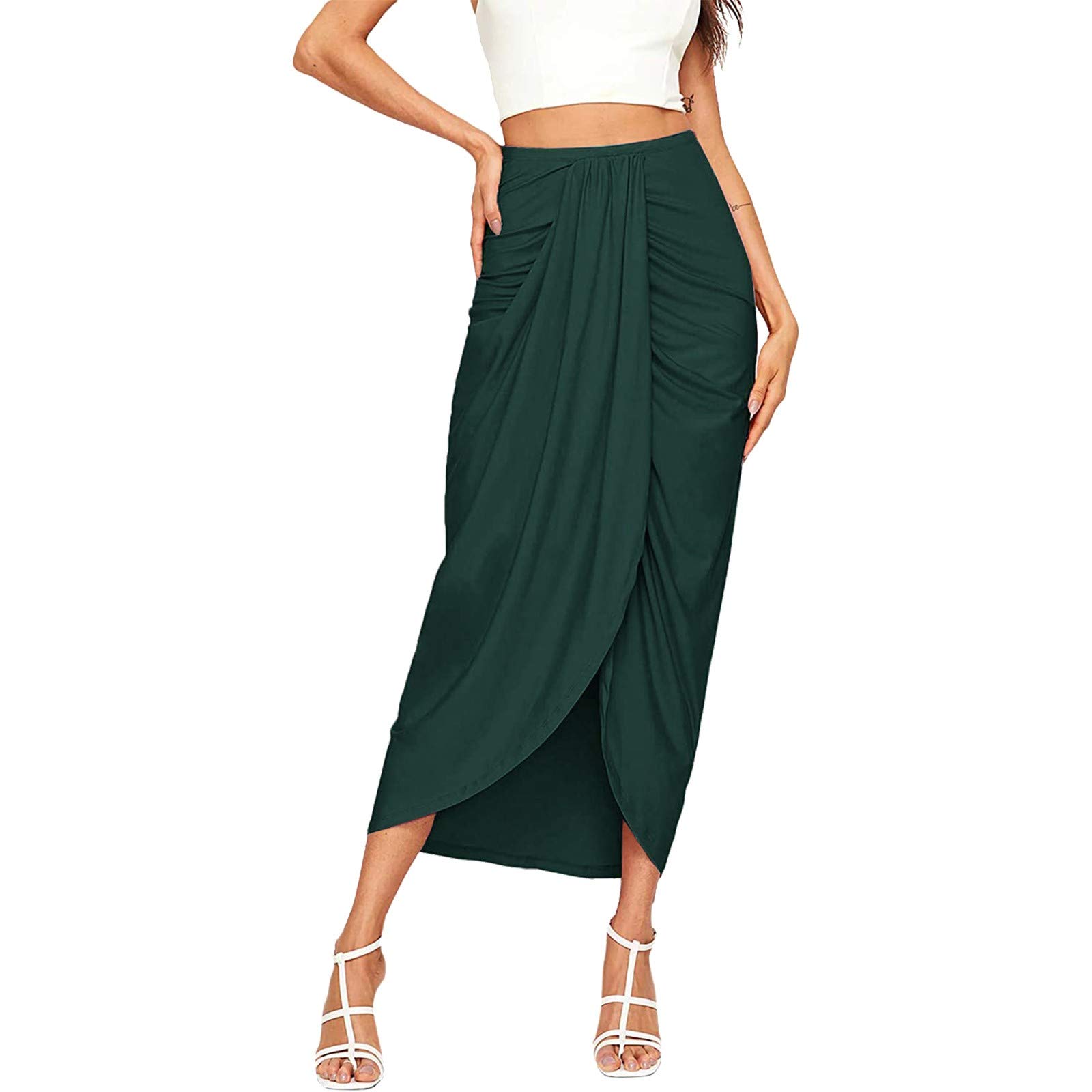 Falda larga de verano para mujer, cruzada hasta la rodilla, midi sexy de cintura alta, monocolor con hendidura, elegante informal