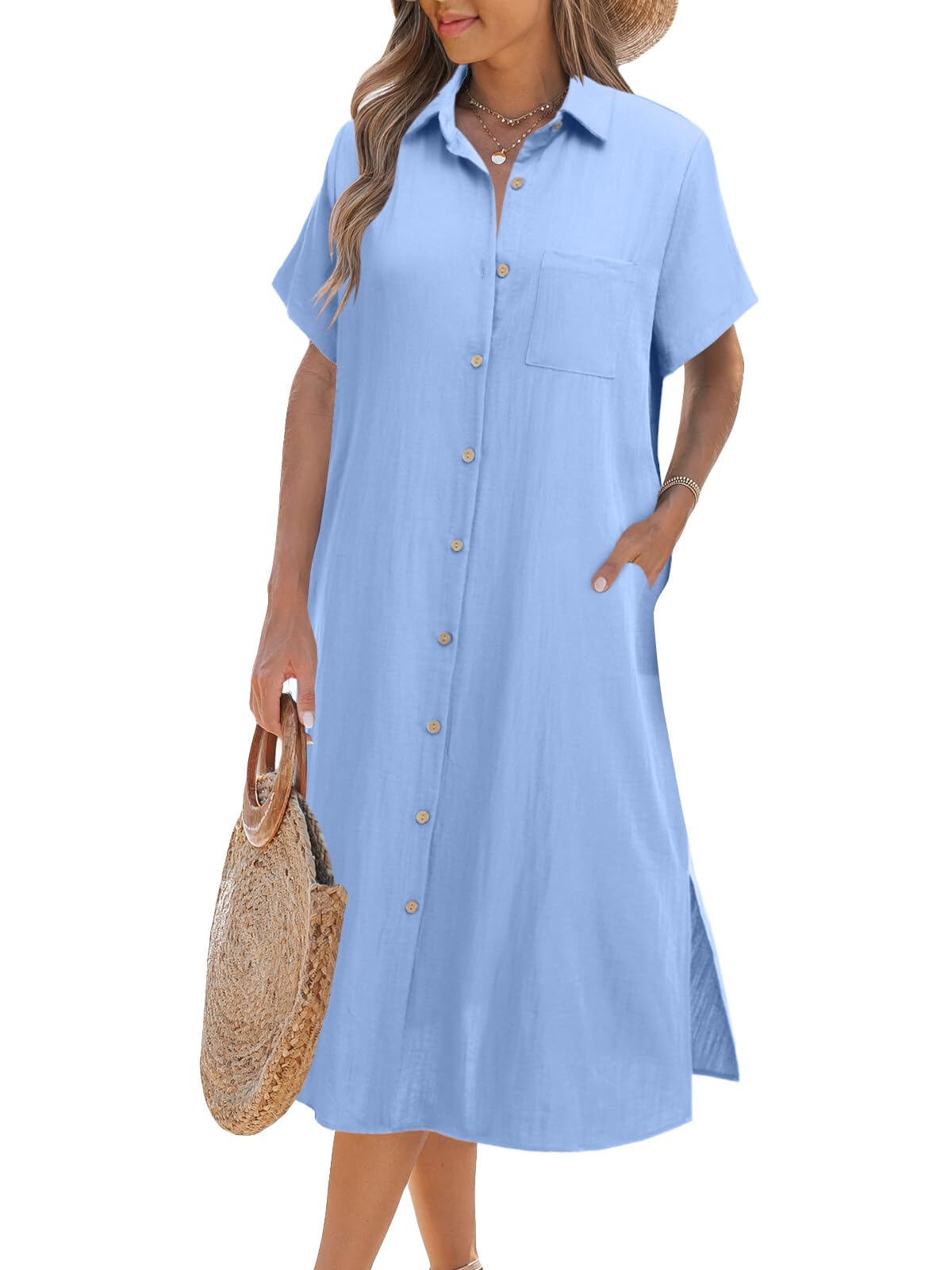 Zeagoo Vestidos de verano casuales de manga corta con botones para mujer, vestidos de playa con bolsillos