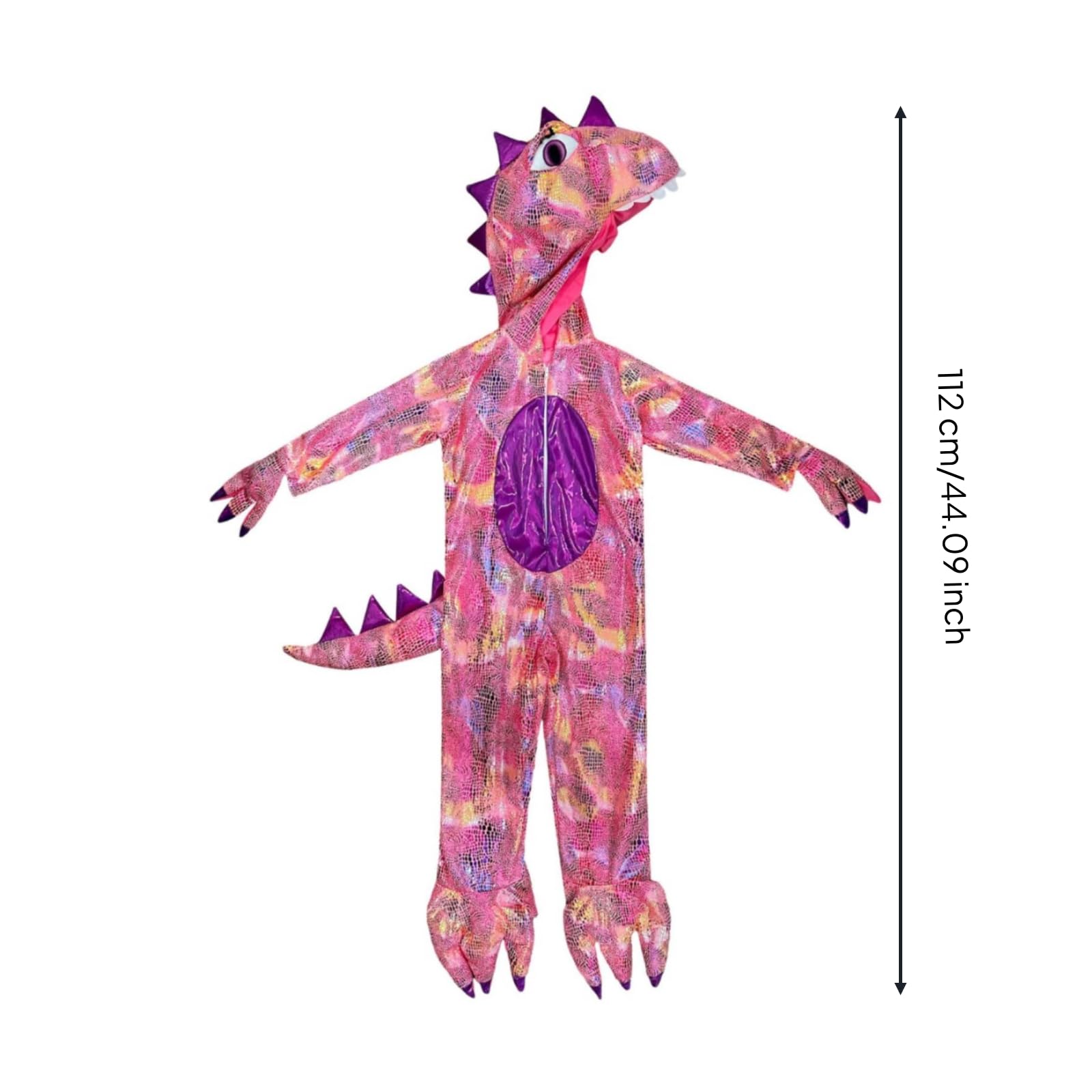 Costume Dinosauro Bambini Tuta Tuta Cappuccio Effetto Scaglie Zanne Bianche Spikes Chiusura a Zip Tessuto Poliestere Adatto per Halloween Carnevale Feste Infantili Giochi di Ruolo
