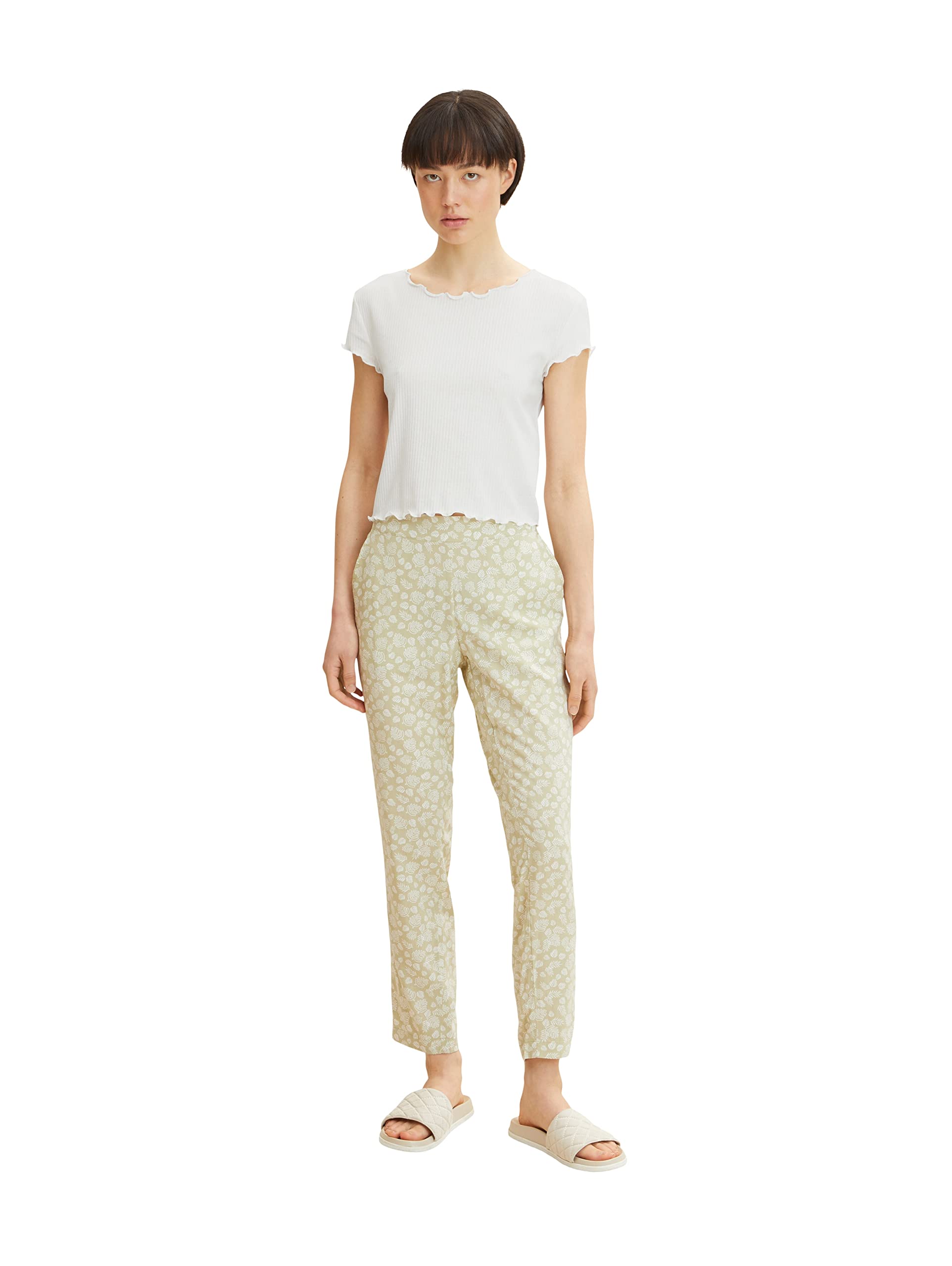 Tom Tailor Ladies Chino Fabric Pants, Model 1031276, Green Offwhite Leaf Design, 36W/28L