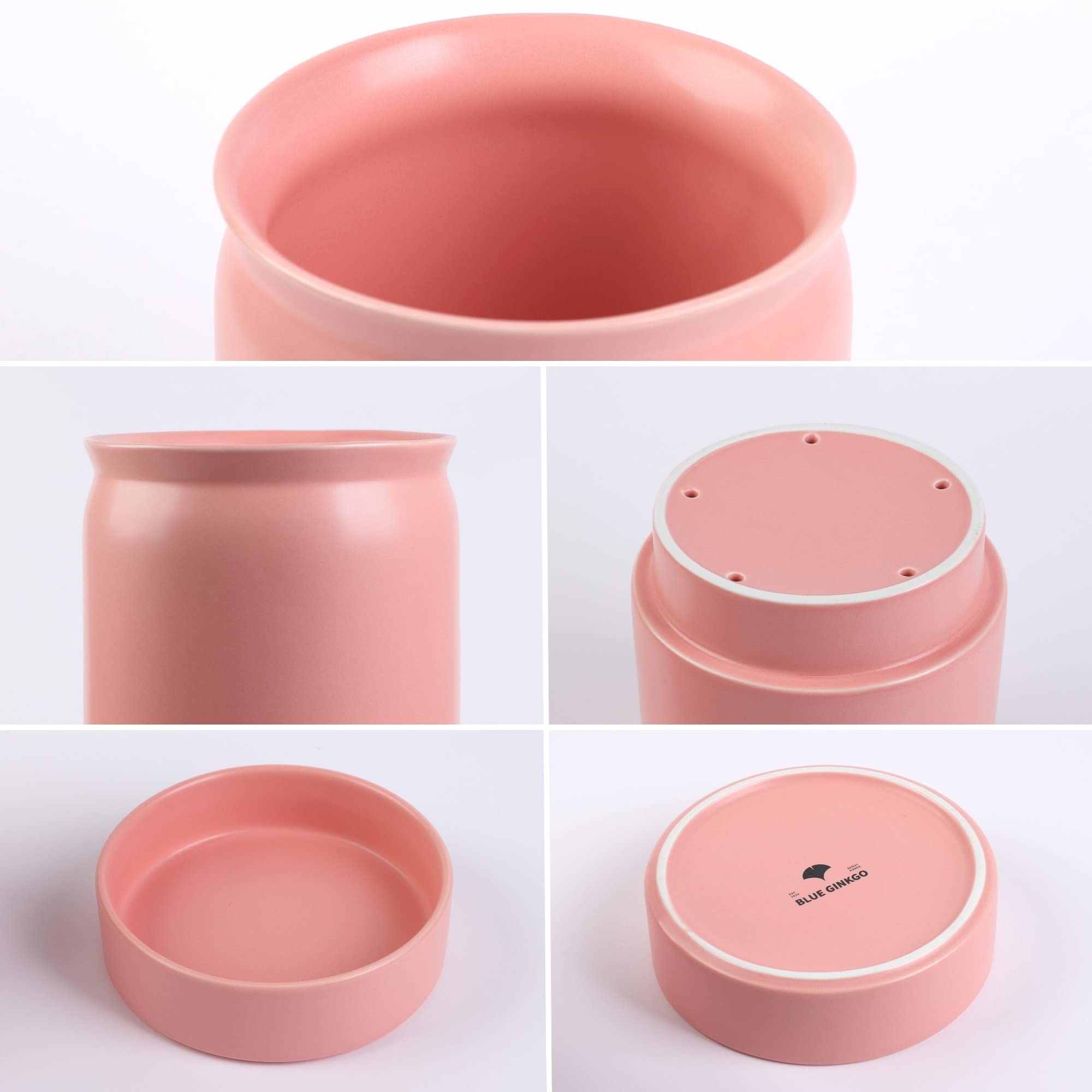 BLUE GINKGO Ceramic Utensil Holder [Pack of 2] - Cutlery Containers with Removable Draining Tray (Pink)