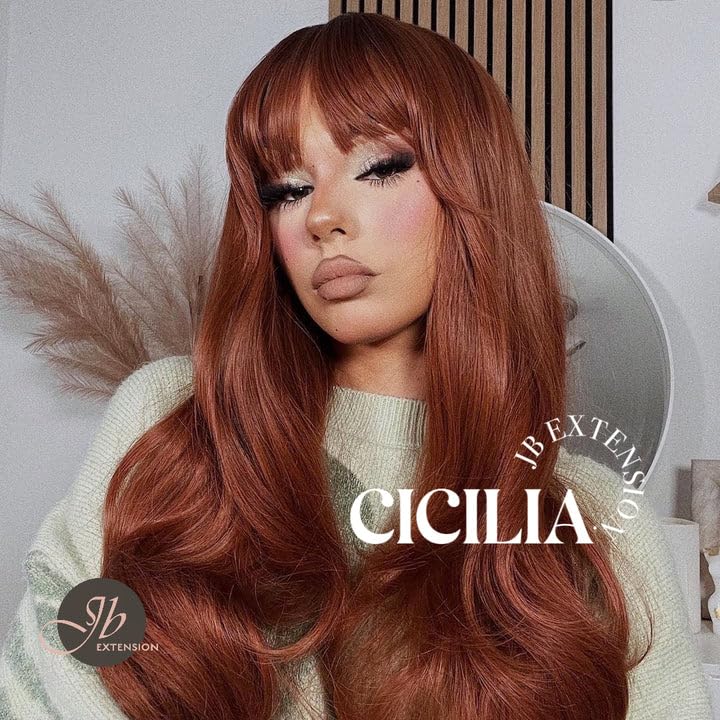 Miniatura 5 de CICILIA - Peluca de cobre con flequillo en capas para usar y llevar, pelucas sin pegamento para mujer, pelucas sintéticas naturales largas y rizadas
