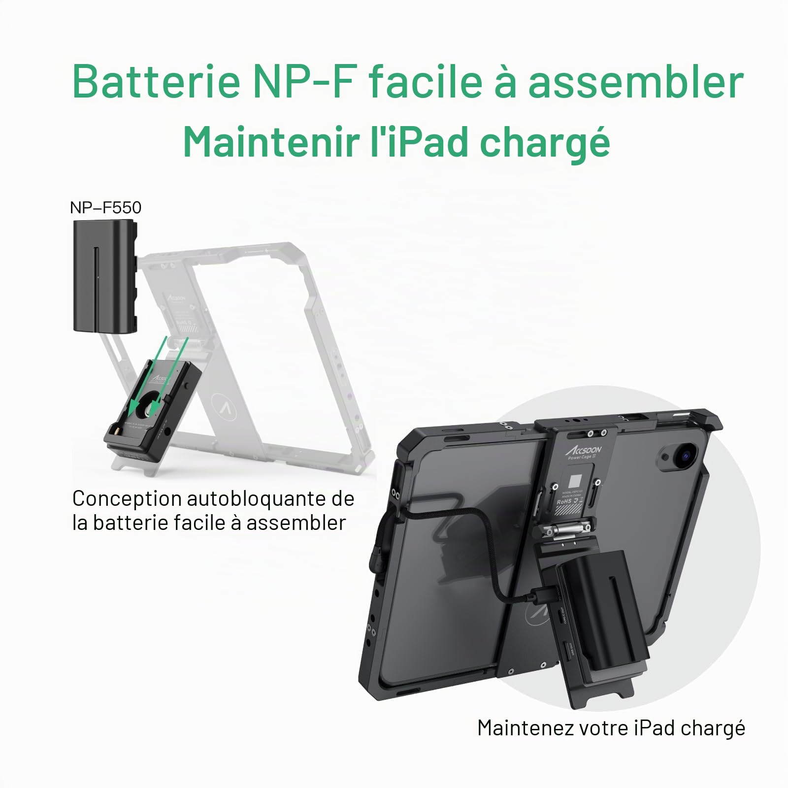 Accsoon PowerCage Pro II 12.9 Pouces Compatible avec iPad Pro Gen 3-6 pour Surveillance, Fonctionne avec l'adaptateur de Plaque de Batterie NP-F, Cage Longueur 279-29mm, Largeur 214-231mm
