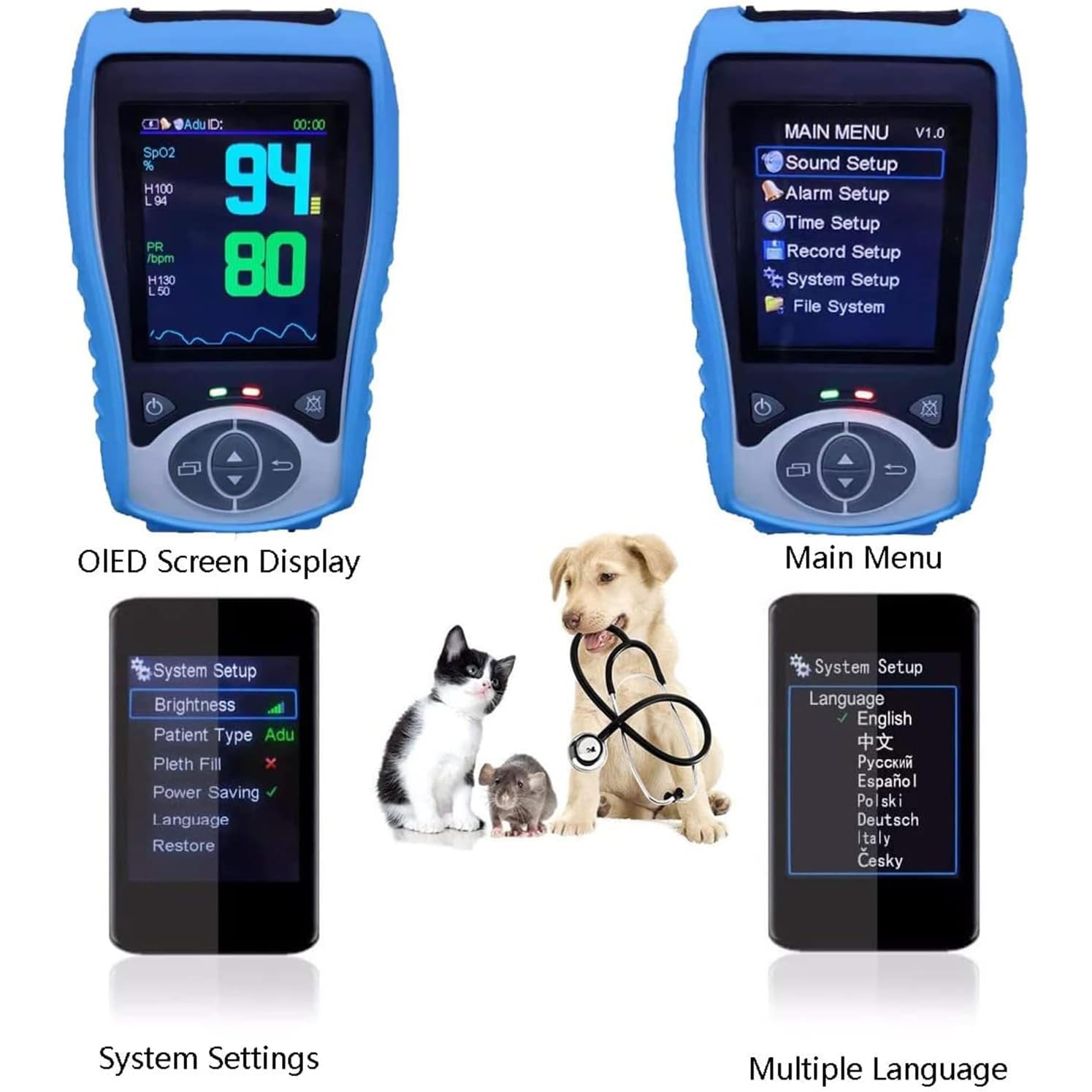Veterinär-Pulsoximeter, Pet SPO2 / Pulsfrequenz/Temperatur-Monitor, Mit Ohr/Zunge Sensor, 2,8 Zoll LCD-Digitalanzeige, Mehrsprachige Unterstützung, Für Haustiere Krankenhaus