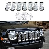 AVOMAR 9Pcs Front Grill Mesh Grille Insert Kit + Light Lamp Cover Trim For 2011-2016 Jeep Patriot (Front Grill Mesh Insert with Headlight Cover Trim 001)