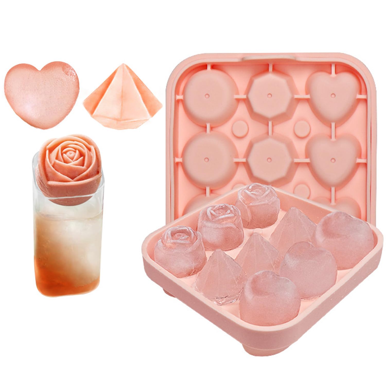 LCHYI Ice Cube Tray, Removable Lid Silicone Ice Cube Tray, Romantic Rose, Heart, Diamond Molds For Chocolate, Whiskey, Cocktail, Juice, Baby Food, Iced Coffee, Iced Tea Reusable BPA Ice Cube Molds