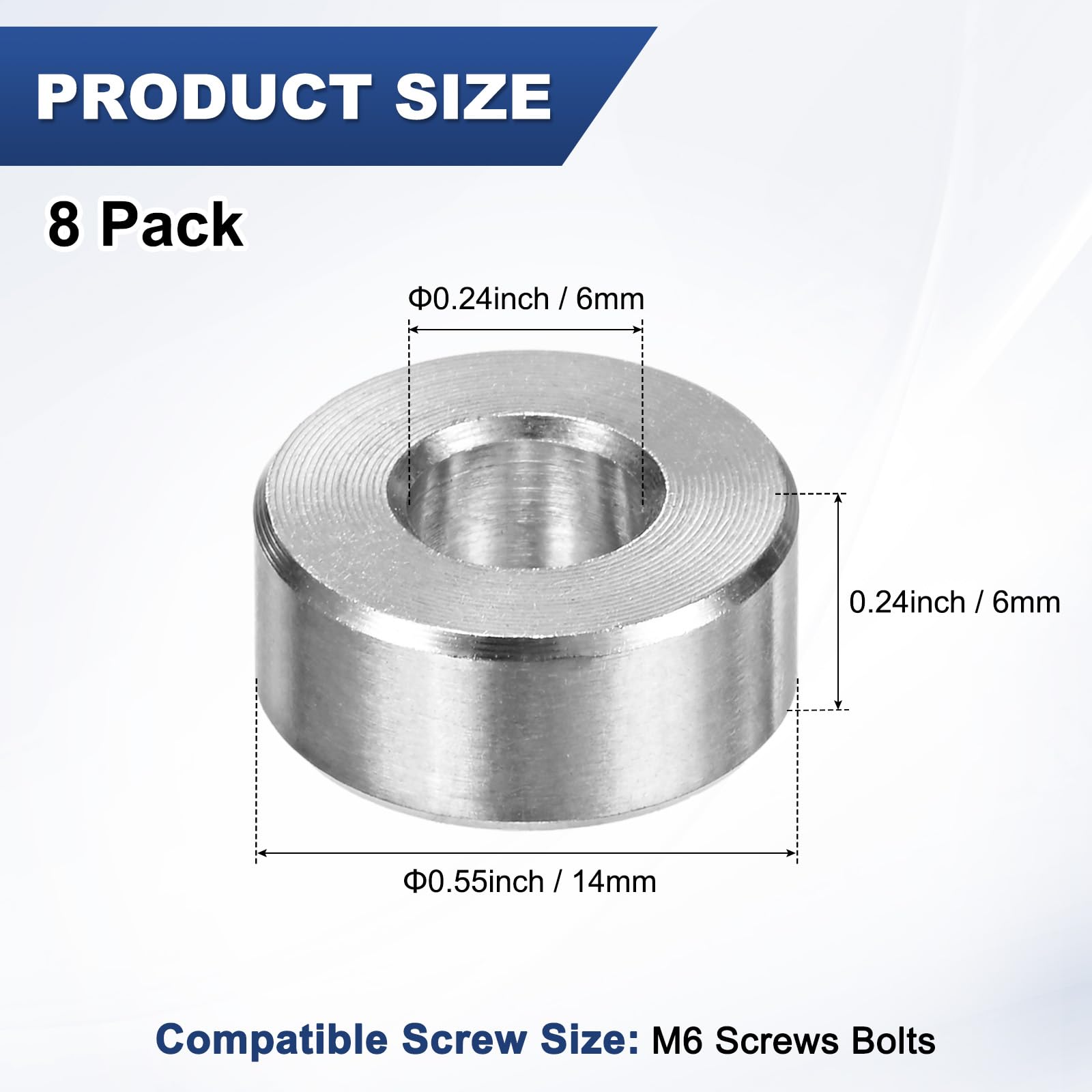 M METERXITY 8PCS M6 304 Stainless Steel Spacers 6mm ID x 14mm OD x 6mm l Metal Screw Standoff Bushing Plain Finish Round Spacer 304 Stainless Steel for Screws Bolts Silver - Image 3