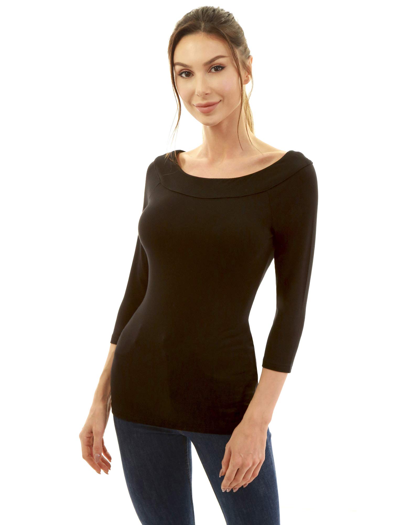 AmélieBoutik Women Boat Neck Raglan 3/4 Sleeve Blouse - Black - Medium