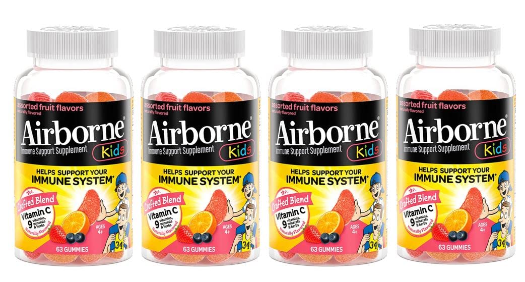 AirborneKids 500mg Vitamin C Gummies, Kids Immune Support Zinc Gummies with Powerful Antioxidants VIT C & E - 63 Gummies, Assorted Fruit Flavor (Pack of 4)