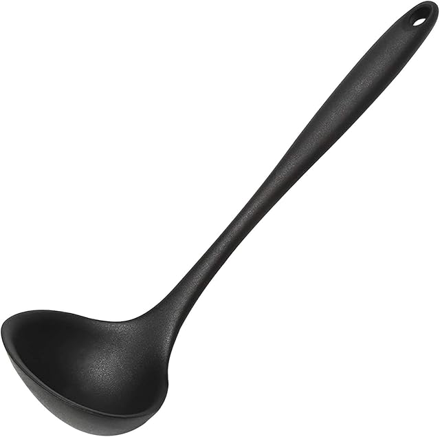 Soup Ladle, Non-Stick Silicone Ladle Spoon Heat Resistant Kitchen Spoon Ergonomic Serving Spoon Soup Ladle Spoon with Comfortable Grip for Cooking,Making Soup,Stirring,Serving Soups, Black/Red Black
