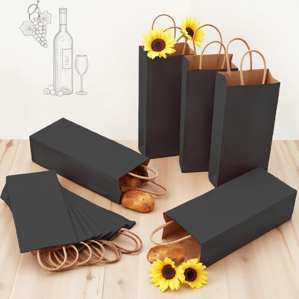 excvalues Kraft Paper Bags 5.6"x3.4"x13" 100Pcs Recyclable Bulk White Wine Bag Gift Tote Bottle Bag Retail Shopping Bags With Handles for Business Gift Wrap (Black)