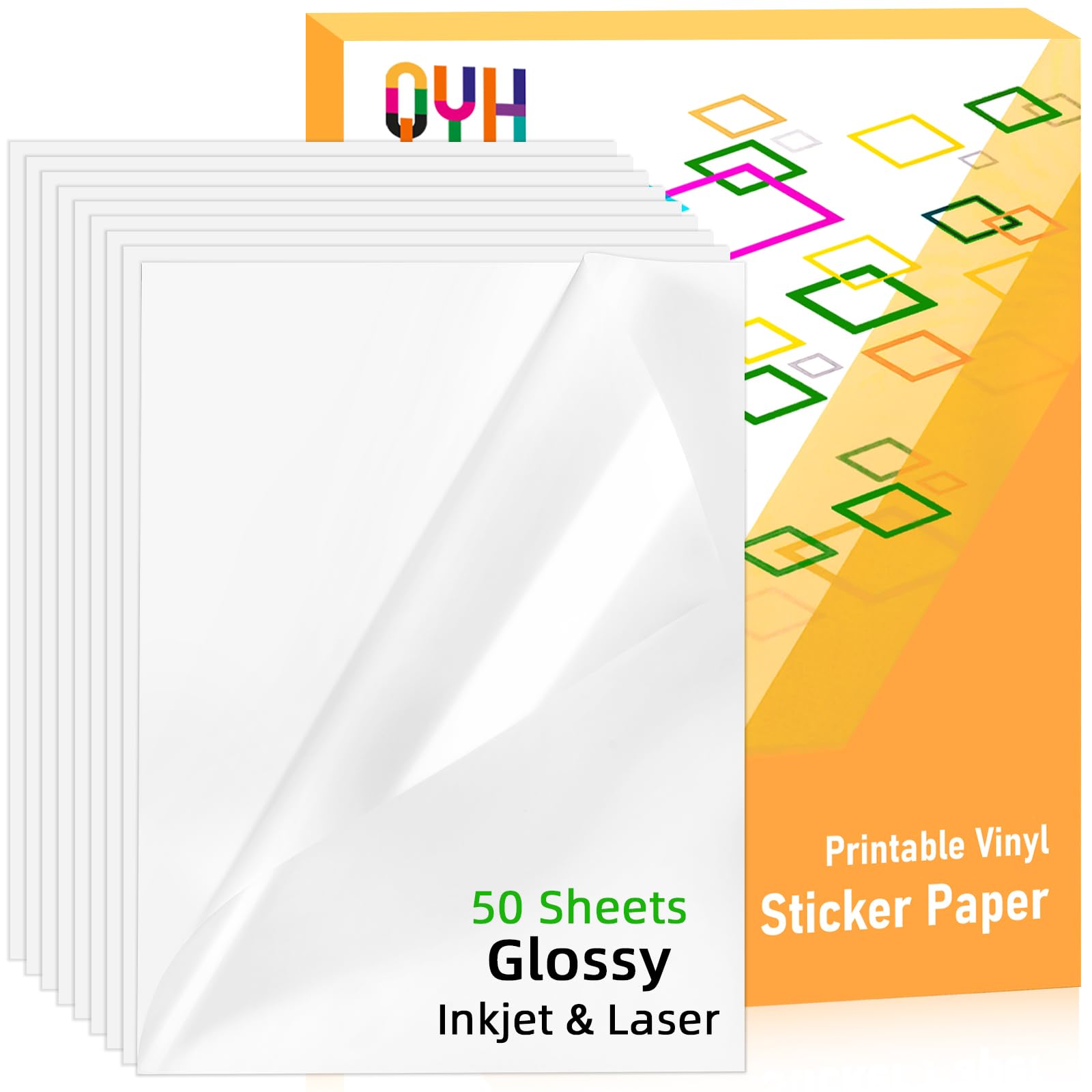 QYH Premium Printable Vinyl Sticker Paper-50 Sheets Glossy White, Quick-Drying Waterproof, Compatible with Inkjet & Laser Printer, Vivid Prints for