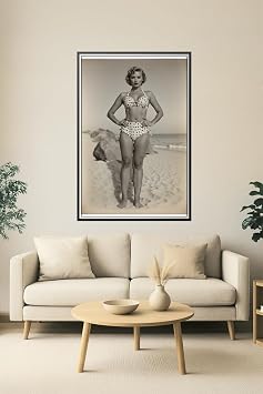Wall Art Impact Vintage Beach Pin-Up Poster 1950s Glamour Girl in Polka Dot Bikini, Retro Black and White Print Rolled Canvas