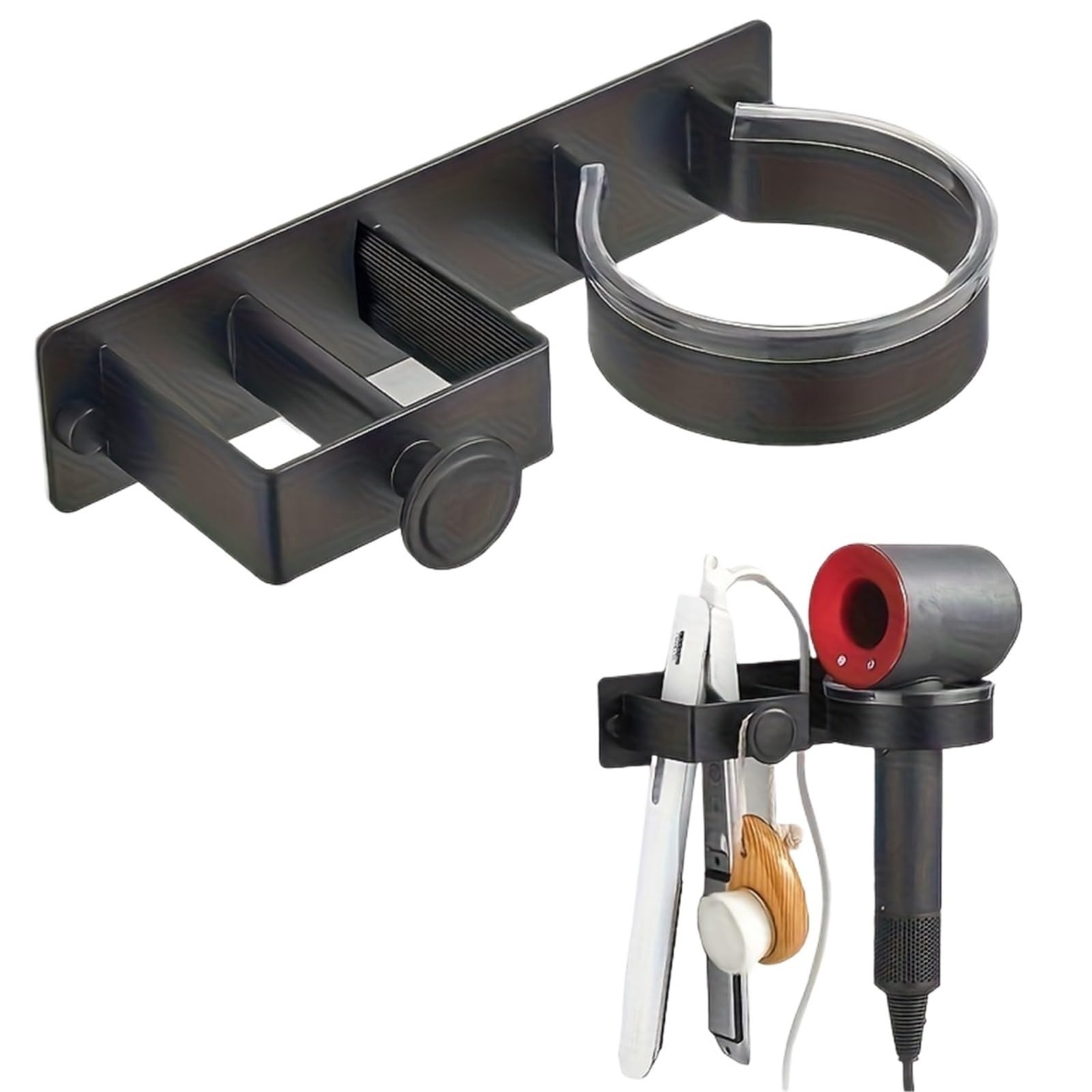 Haartrockner Halterung Wandmontierte Haartrocknerhalterung ohne Bohren | Platzsparendes Badezimmer-Wandzubehör aus Aluminium, schlichtes Design, robust und langlebig(Upgraded Black)