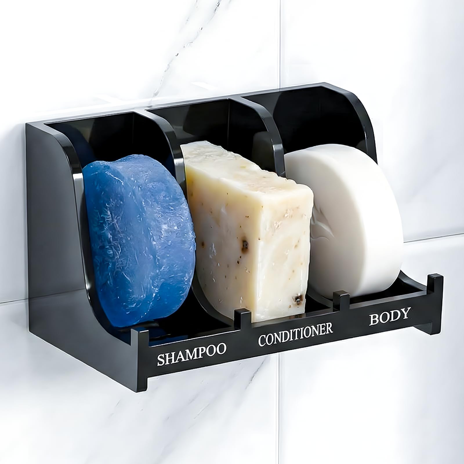 Acrylic Soap Holder for Shower Wall - 3-Compartment Bar Soap Dish for Shampoo Conditioner and Body Soap -