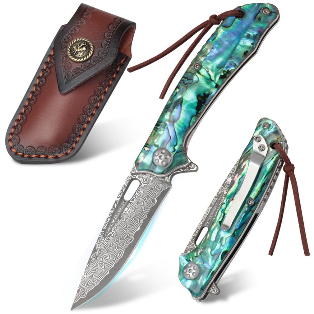 Cottonbell Damascus Pocket Knife with Clip Unique Abalone Seashells Handle Folding Knives for Men EDC Knife with Safety Liner Lock,Survival Knife for Camping Fishing Hiking Hunting Gift