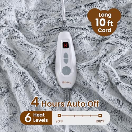 Image of Bearhug Heated Blanket 6 Heat Settings Electric Blanket, 4-Hour Auto Shut-Off, Luxurious Faux Fur & Sherpa Dual-Sided Heated Throw, Machine Washable, 50 x 60 Inches, Gift-Ready Elegant Packaging