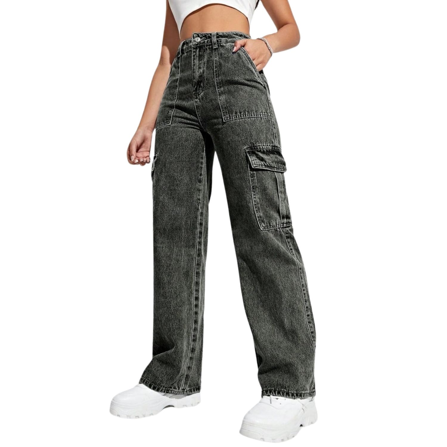 nu cloths Women Wide Leg Flap Pocket Cargo Jeans | Regular Fit Jeans for Women | Jeans Pant for Women High Waist-picture-28