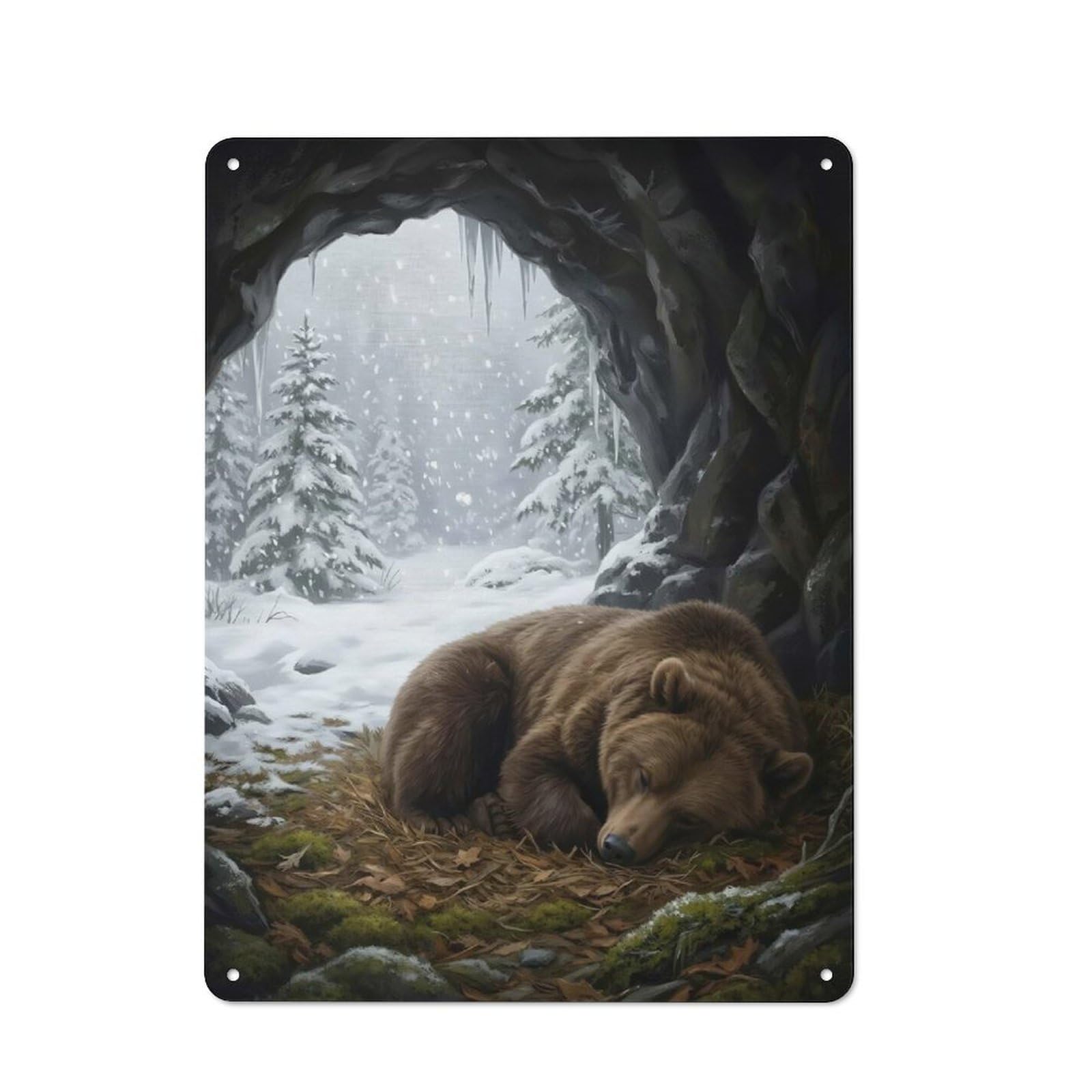 Junmoney Style-17 Classic Hibernating Bear In Snowy Cave Metal Wall Sign 40X30cm, Pub Wall Decor For Diner, Restaurant, Shed Or Kitchen