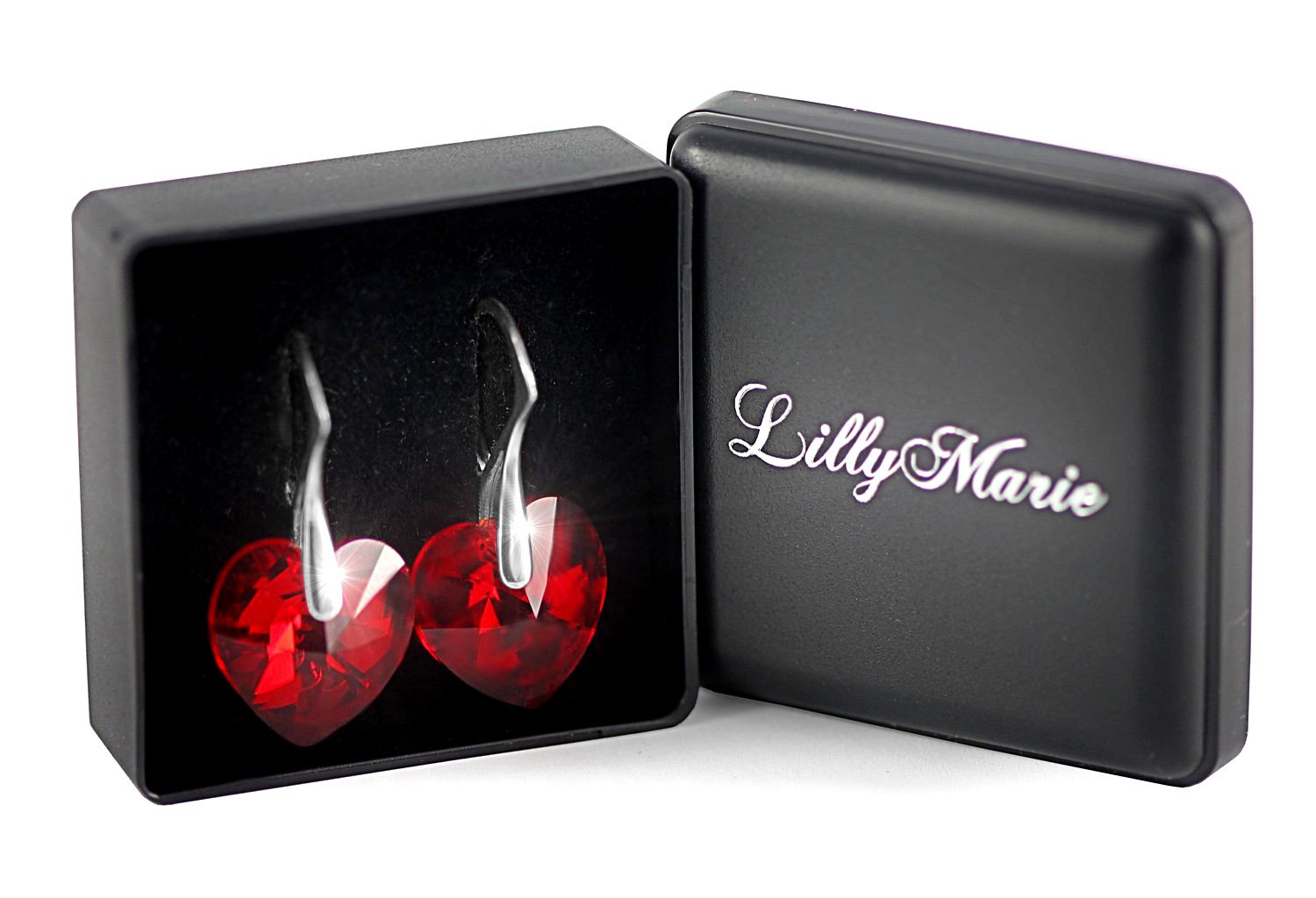 LILLY MARIE Pendientes Colgantes De Corazón En Plata Con Cristales Rojos Para Mujer