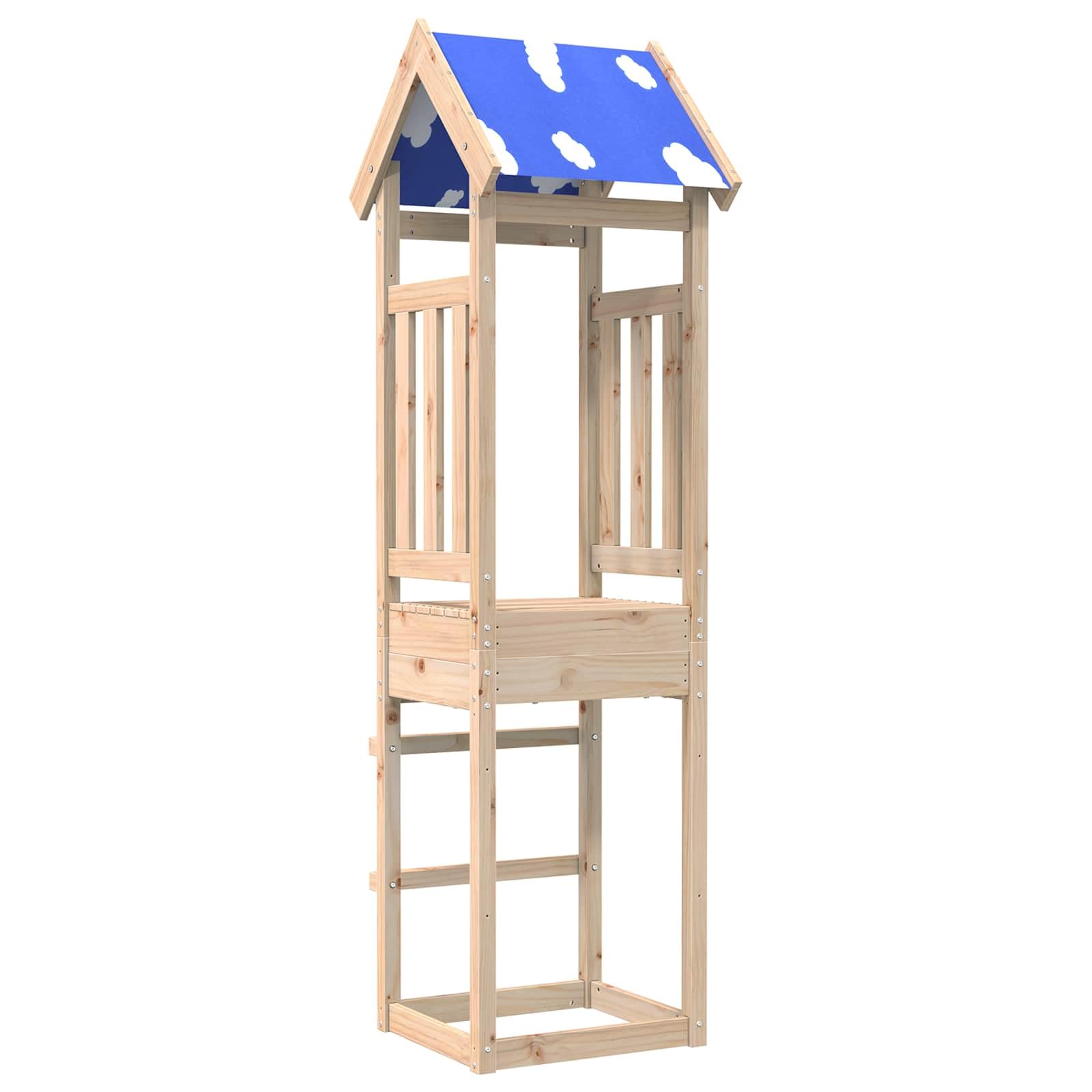 Spielturm aus massivem Kiefernholz braun 52,5 x 46,5 x 208 cm, Spielhaus Gartenhaus Kinderhaus, Stelzenhaus Baumhaus mit Veranda, Tür, Fenster und Dach für Garten Terrasse Hof draußen