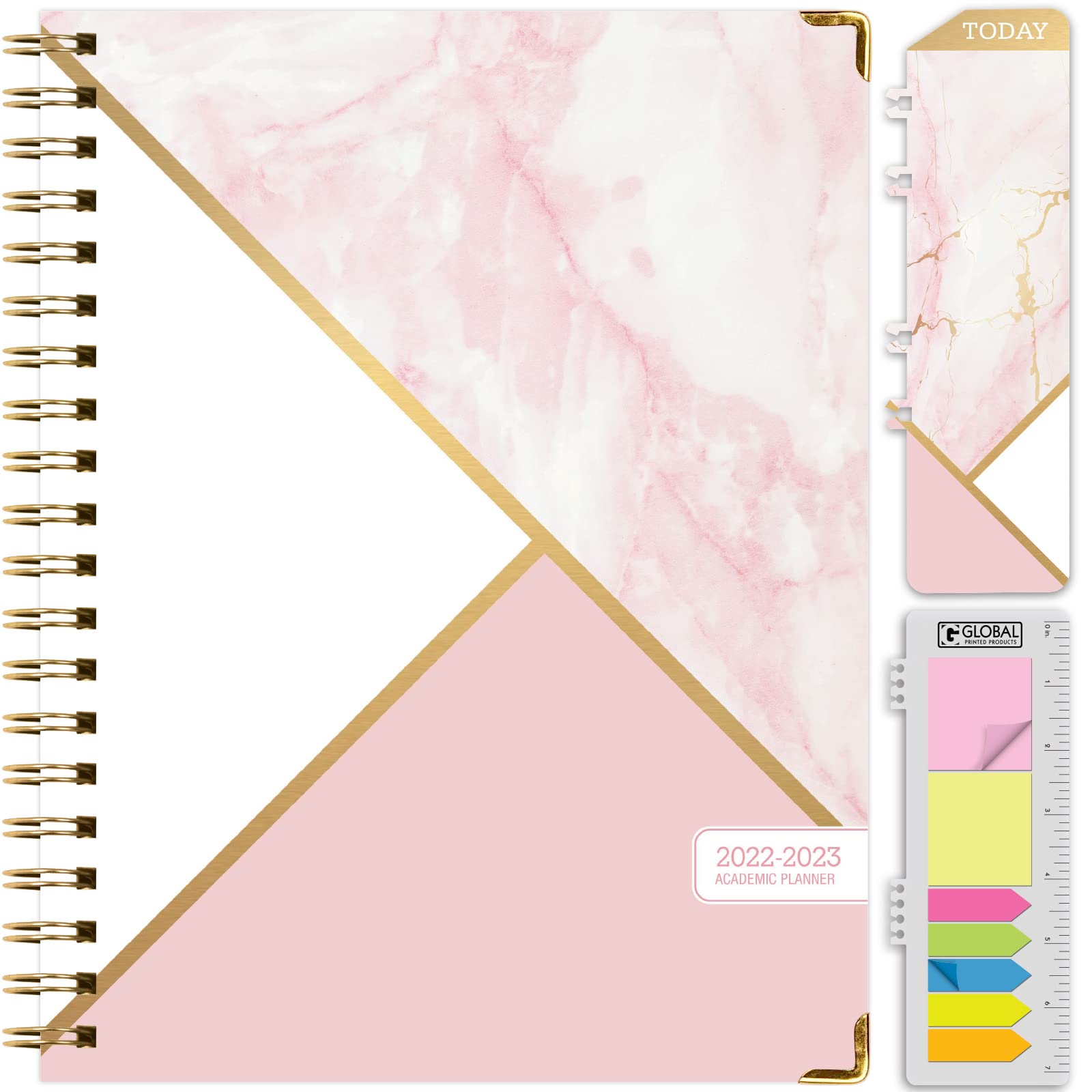 HARDCOVER Academic Year 2022-2023 Planner: (June 2022 Through July 2023) 8.5"x11" Daily Weekly Monthly Planner Yearly Agenda. Bookmark, Pocket Folder and Sticky Note Set (Pink Marble Triangles)