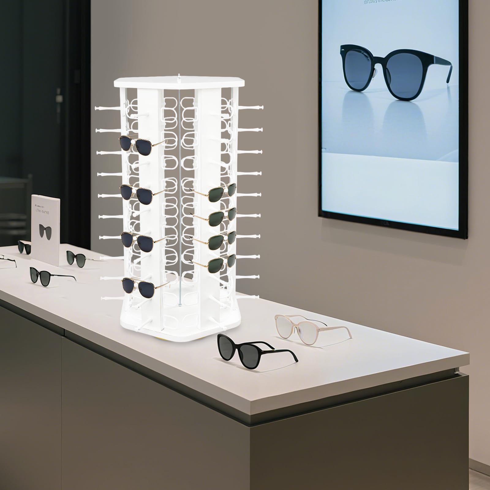 Présentoir Rotatif pour Lunettes de Soleil, présentoir à Lunettes Commercial avec Armoire de Rangement, Organisateur de Lunettes sur Pied pour Magasin de détail, Dressing (Couleur