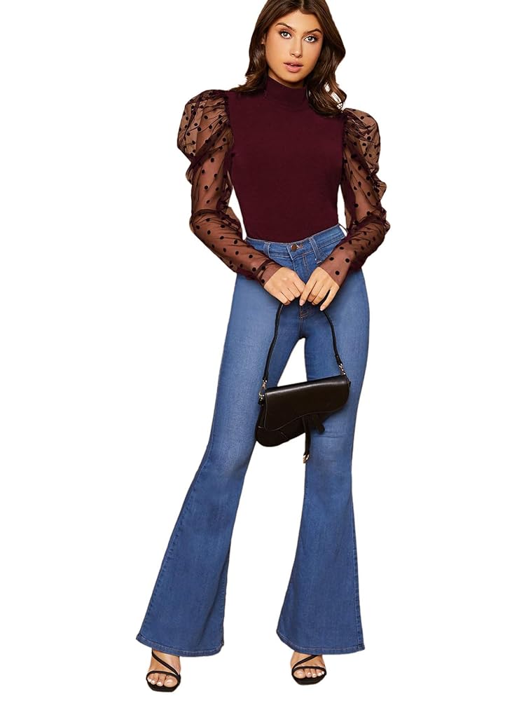 Floerns Women's Mock Neck Polka Dots Mesh Puff Sleeve Blouse
