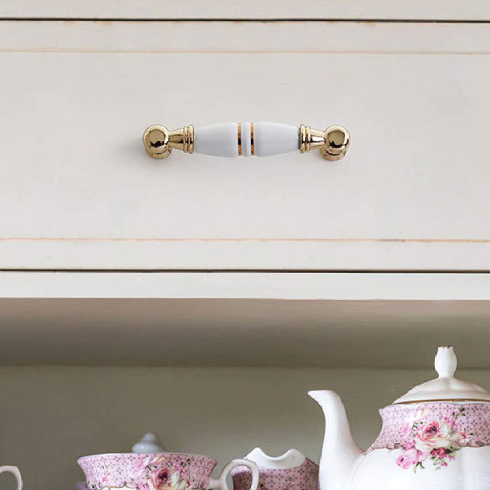 6 maniglie in lega di zinco in ceramica bianca per armadietti, armadietti e cassetti, maniglie per porte e cucine (centri fori: 128 mm)